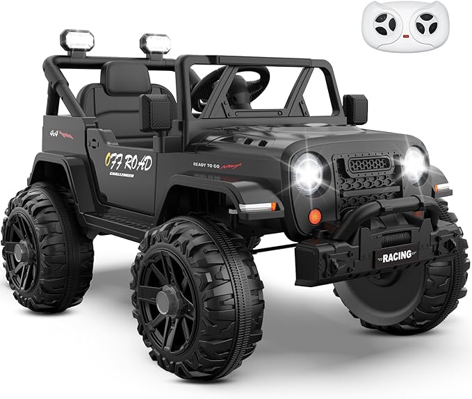 12V Ride On Truck Car with Remote Control, Kids Electric Vehicles with Bluetooth Music, Horn, 3 Speeds, 4 LED Lights, Soft Start, Ride on Toys for Toddler Boys & Girls (Black)