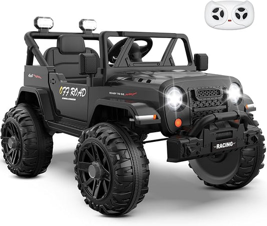 12V Ride On Truck Car with Remote Control, Kids Electric Vehicles with Bluetooth Music, Horn, 3 Speeds, 4 LED Lights, Soft Start, Ride on Toys for Toddler Boys & Girls (Black)