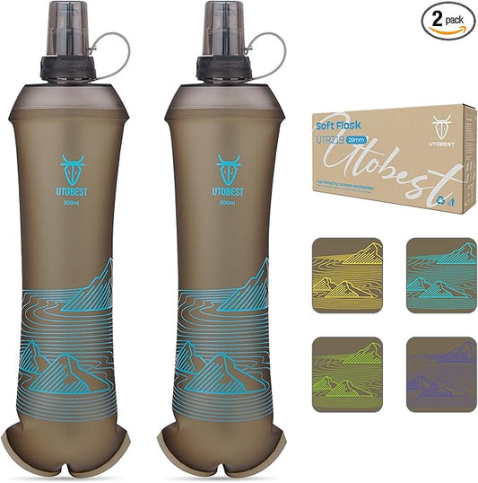 UTOBEST 500ml Soft Flask, 2 Pack Flexible TPU Hydration Water Bottle, Collapsible with 28mm Caliber for Running, Hiking, Cycling, Climbing, and Marathon Blue