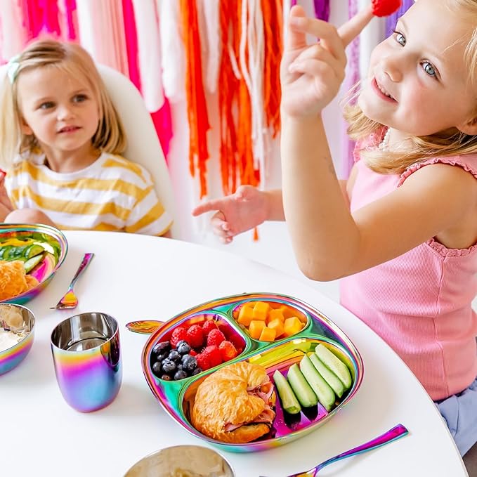 Ahimsa Stainless Steel Kids Plate, Pediatrician Designed Divided Toddler & Baby Plates, Non Toxic, Unbreakable & Dishwasher Safe, Rainbow