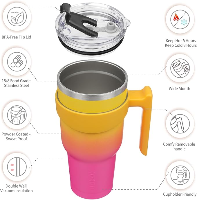 BJPKPK 40 oz Tumbler With Handle Stainless Steel Insulated Tumbler With Lid And Straw Travel Coffee Cups For Women And Men,Pink Yellow Rose