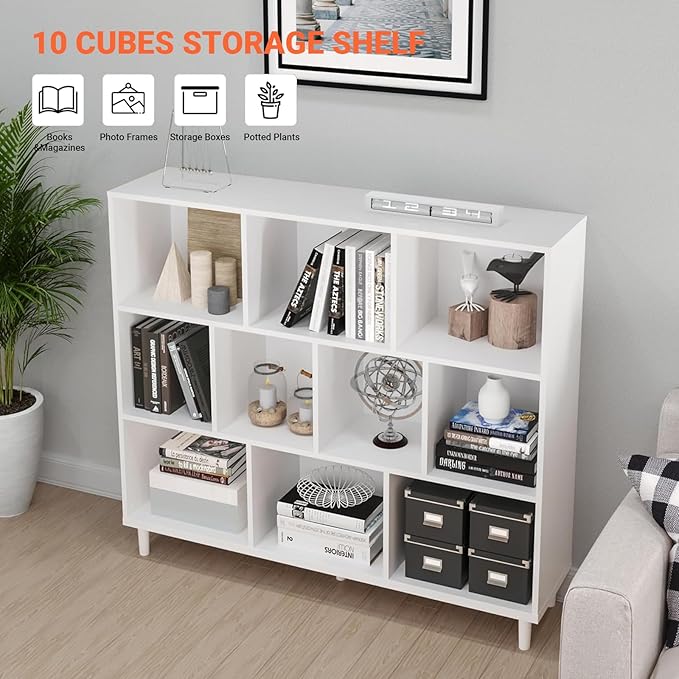 10 Cube Storage Organizer |Wide Bookshelf|3 Shelf Bookcase |Library Bookcase -Cubic Storage Cabinet（Storing Books,Toys & More Easy to Install）