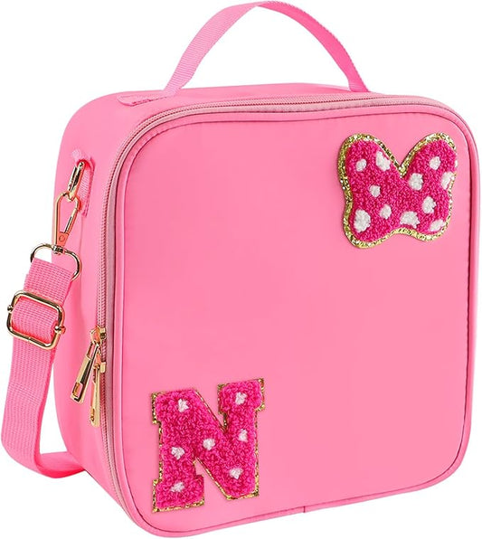 Preppy Initial Bow Mouse Lunch Bag, Kids Insulated Lunch Box Gifts for Teen Girls Daughter, Reusable Soft Lunch Containers Crossbody Cooler Bag Must Haves for Park Travel School Work Picnic Pink N