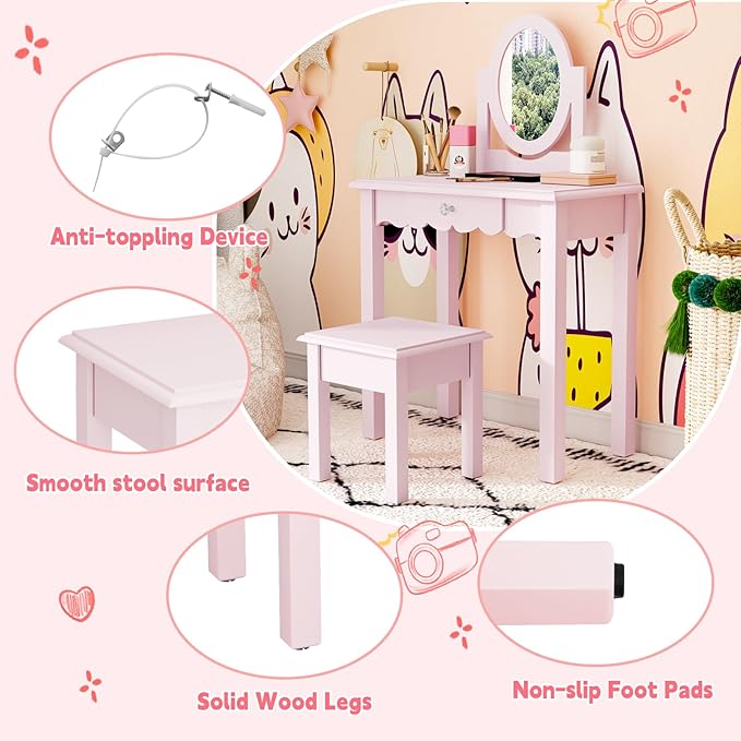 HLR Kids Vanity, Girls Vanity Set with Mirror and Stool, Wooden 2 in 1 Princess Makeup Desk Dressing Table with Detachable Top, Toddler Vanity Dresser Set with Drawer for Little Girls, Pink