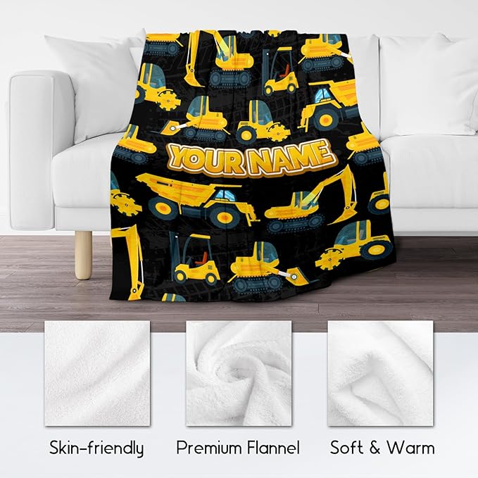 Personalized Truck Blanket with Name, Custom Kids Boys Blanket for Truck Lovers, Toddler Blankets for Boys Car Gifts, Flannel Fuzzy Throw Blanket for Bed Couch Sofa (Yellow, 50x60 Inch)