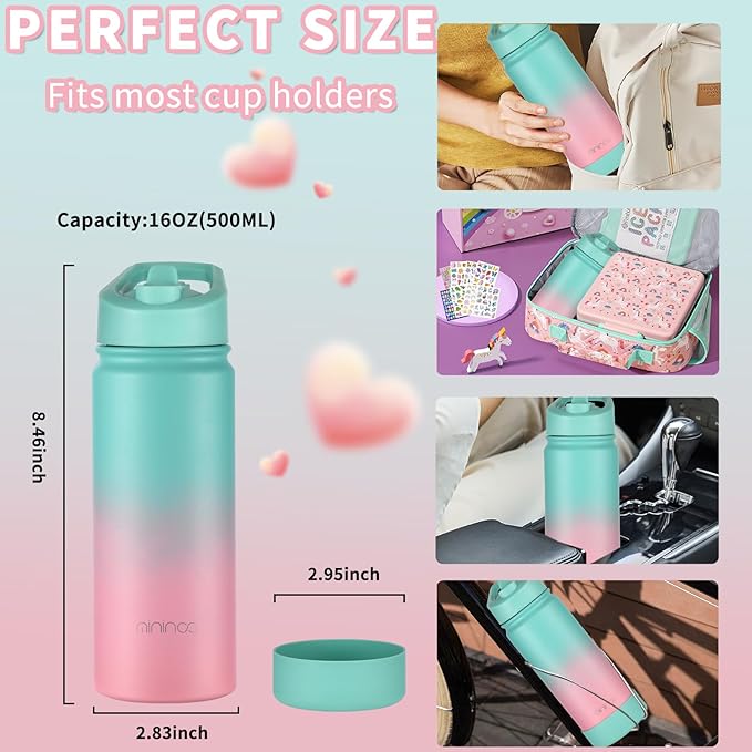 mininoo Kids Water Bottle for School, 16oz Stainless Steel Insulated Water Bottle Kids with Straw Lid for Girls, Boys (Sky/Pink)