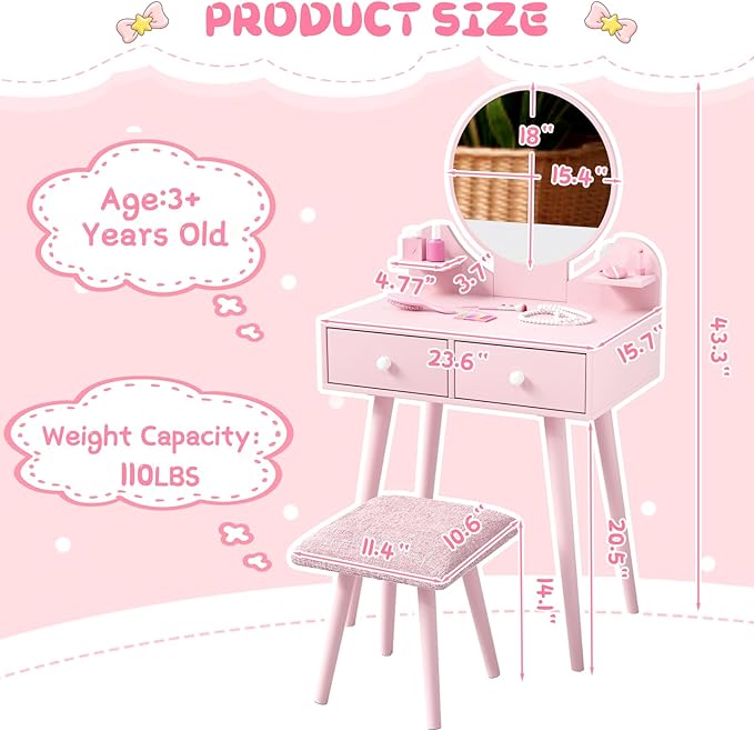 Arlopu Kids Vanity Table and Chair Set, 2 in 1 Toddler Makeup Dressing Desk with Detachable Large Mirror and Stool, Drawers, Princess Wooden Pretend Play Toys for Little Girls (Pink)