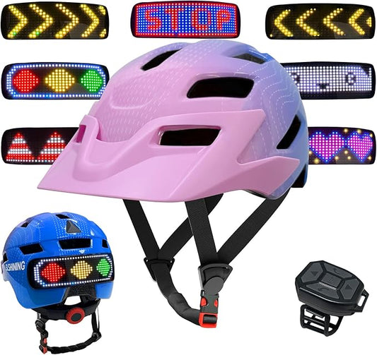 Kids Bike Helmet with LED Lights, Remote Control Turn Signals Safety Helmet Back Light for Youth Mountain Cycling Scooter Skateboarding, Adjustable and Lightweight for Boys Girls