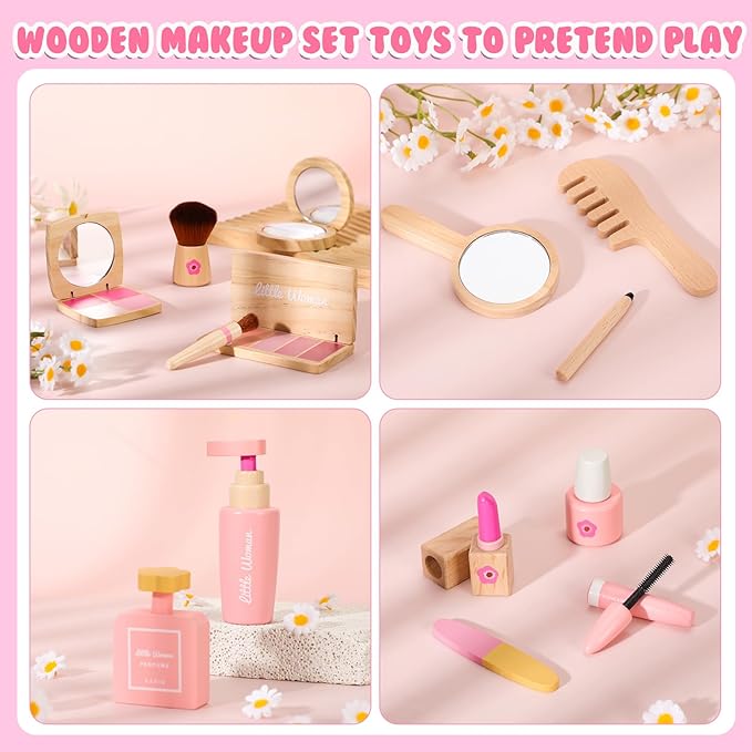 Wooden Makeup Toy Set for Girls: Pretend Makeup Play Set for Toddlers 3-5 - Kids Makeup Set with Eyeshadow/ Mascara/ Mirror/ Bag - Gifts Toys for 3 4 5 6 7 8 Years Old Kids Children