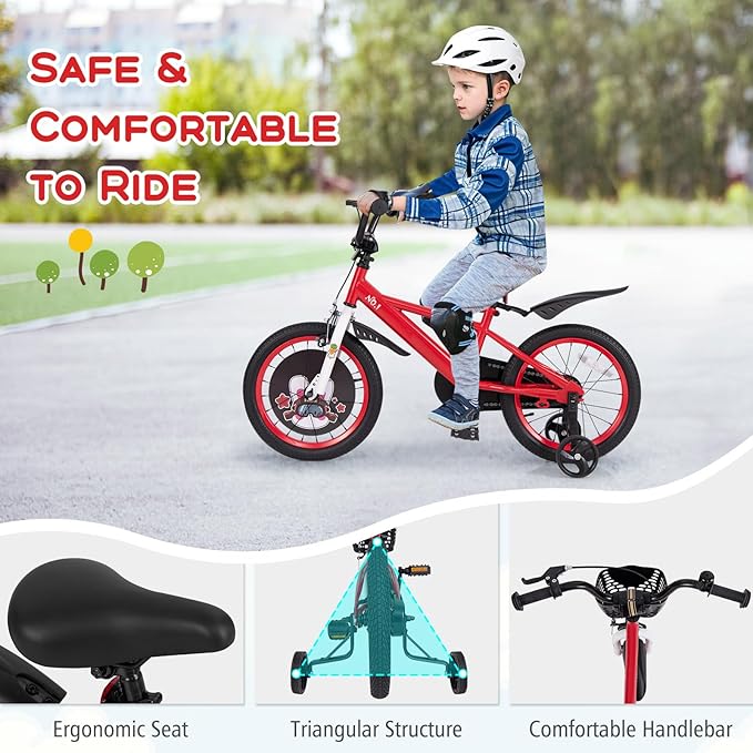 BABY JOY Rabbit Pilot Sporty Kids Bike, 12 14 16 18 Inch Child Bike for 3-8 Years Old with Adjustable Height, Training Wheels, Storage Basket, Handbrake & Coaster Brake, Kids Bicycle for Girls Boys