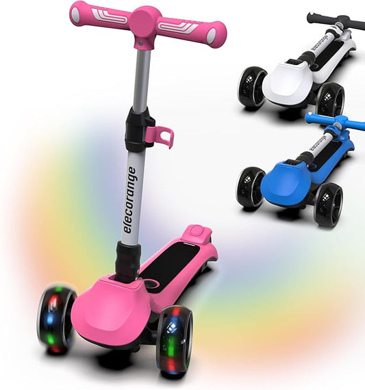 Elecorange T200/T500 Balance Electric Scooter for Kids Age 4-9, 2 Types Front Wheels, Electric Horn, Full Body Lights Up, Wide Deck, 5Mph Safe Speed, 70min Riding, Foldable Kick Scooter Boys & Girl