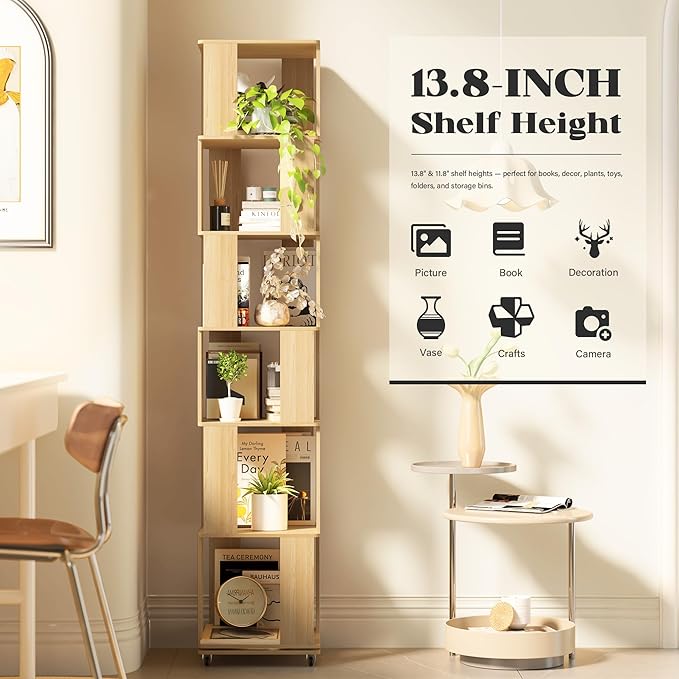 6 Tier Solid Wood Rotating Bookshelf Tower on Wheels, 360° Upgrade Spinning Book Shelf, Revolving Bookcase Organizer, Swivel Bookshelves for Small Spaces, Corner, Bedroom, Kids Room, Office (Natural)