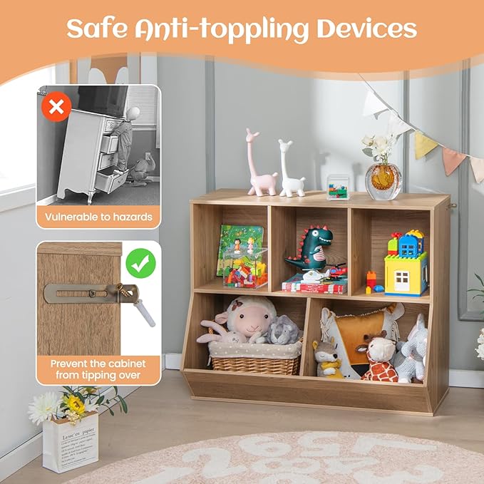 Costzon Toy Organizers and Storage with Bookshelf, Wooden 5 Cubby Children’s Book Shelf Toy Storage Cabinet Bookcase for Kids Room, Playroom, Kindergarten, Nursery (Natural)