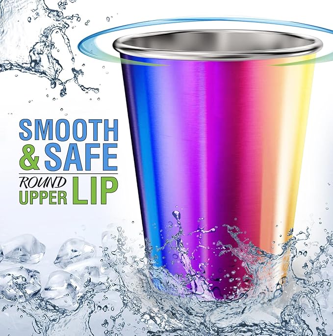 Stainless Steel Kids Cups 8 oz - Stainless Steel Small Children Cups for Home & Outdoor Activities, BPA Free Unbreakable Premium Stackable Metal Drinking Glasses (4-Pack) - Rainbow Colorful Finish