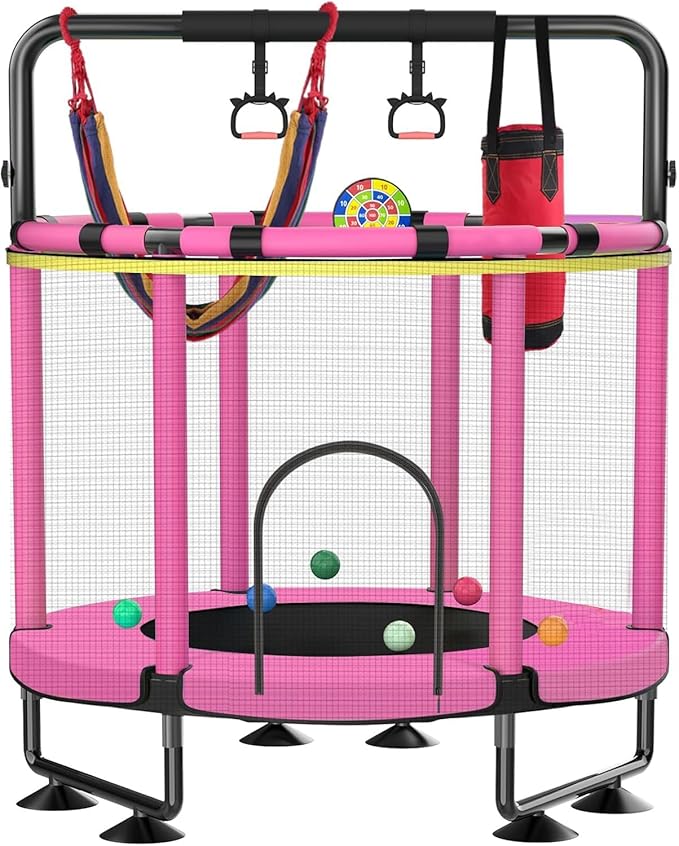 Trampoline for Kids, Upgrade Full Anti-Rust 440lbs Indoor Outdoor Toddler Trampoline with Net, 55" Adjustable Baby Toddler Trampolines Accessories with 8 Toys Dart Board