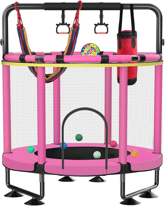 Trampoline for Kids, Upgrade Full Anti-Rust 440lbs Indoor Outdoor Toddler Trampoline with Net, 55" Adjustable Baby Toddler Trampolines Accessories with 8 Toys Dart Board