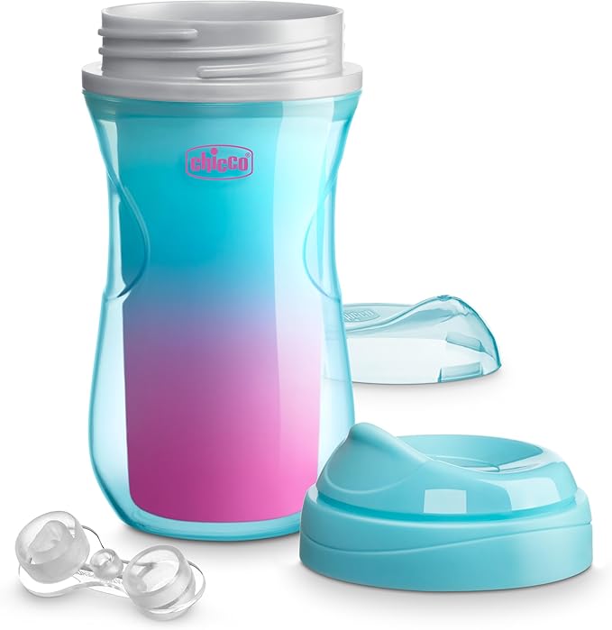 Chicco Double-Wall Insulated Sippy Cup with Bite-Proof Rim Spout and Spill-Free Lid 9oz. | Top-Rack Dishwasher Safe | Easy to Hold Ergonomic Indents | Teal/Pink/Floral, 2pk | 12+ months
