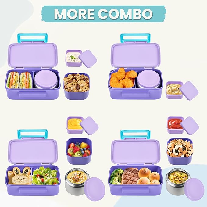 PIQUEBAR Kids Lunch Bento Box with 8oz Thermo Ice Pack Food Container with Insulated Lunch Bag, Insulated Water Bottle with Straw for Girls Boys, (A-Purple)