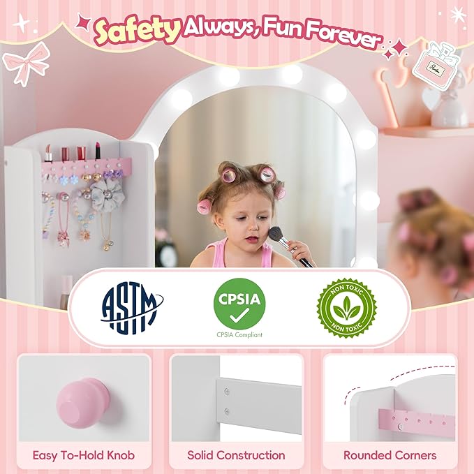 MU Kids Vanity, Girl Vanity Set with Mirror and Chair, 2 in 1 Toddler Makeup Vanity Table with Jewelry Storage, Wooden Princess Makeup Desk Dressing Table for Little Girls, White