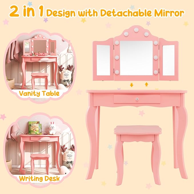 Costzon Kids Vanity, Girls Vanity Set with Mirror and Stool and Lights, Drawer, 2 in 1 Wooden Princess Makeup Desk Dressing Table, Toddler Vanity, Kids Vanity Table and Chair Set (Pink)