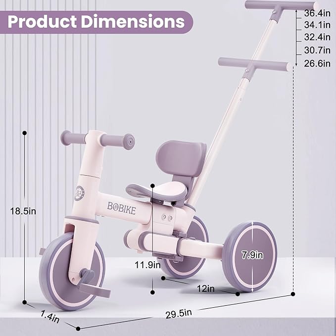 5-in-1 Tricycle for Toddlers 18 Months to 5 Years Old, Toddler Bike, Kids Tricycle with Push Handle and Backrest, Toddler Balance Bike with Easy Assembly for Boys and Girls. (Purple)