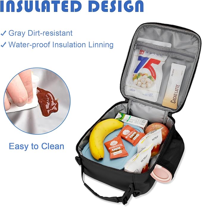 Initial Insulated Lunch Bag for Boys Kids, Back to School Gift, Reusable Leak-proof Lunch Box with Adjustable Strap for School Daycare Travel Picnic（Black，L）