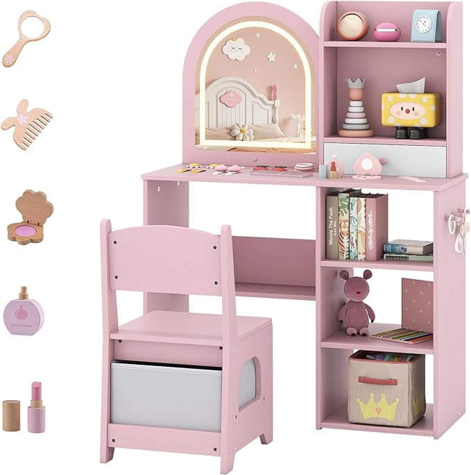 Costzon Kids Vanity with Lights, Girls Vanity Set with Mirror, Storage Drawer, Hooks & Shelves, Toddler Makeup Vanity Desk Dressing Table, Wooden Kids Vanity Table and Chair Set (Pink)