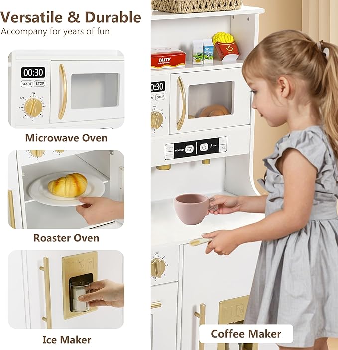 Kinder King Wooden Kids Play Kitchen, Toy Kitchen Playset for Toddler, Play Kitchen Set w/Real Sounds, Pretend Coffee Machine, Kitchen Hood, Sink, Ice Maker, Gift for Boys Girls Age 3+, White