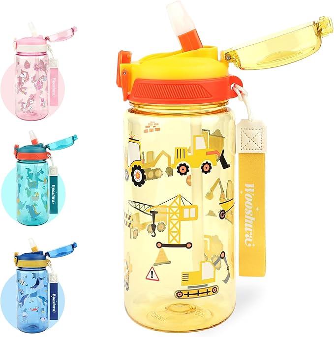Kids Water Bottle for School or Travel, 20 Oz Durable Plastic Water Bottle with Silicone Straw and Pop-Up Spout Cover, BPA Free & Dishwasher Safe(Excavator)