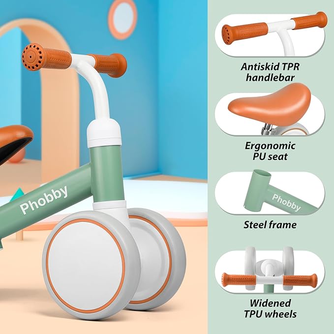 Baby Balance Bike for 1 2 Years Old Boys Girls, 4 Wheels Toddler Bike with Adjustable Seat, 12-24 Months Kids First Birthday Christmas Toy Gift