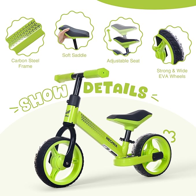 WEEROCK Toddler Balance Bike, No Pedal Balance Bike for 18M - 3 Years Babies, Steel Frame, EVA Tires for Indoor and Outdoor Use, Seat Height Adjustable, Kid Baby Great Gift, Green