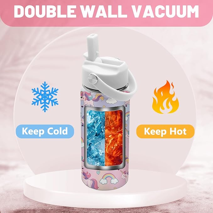 Unicorn Gifts for Girls, 16 oz Water Bottles with Straw Lid, Stainless Steel Insulated Tumbler, Cute Unicorn Cup Gifts for Birthday Christmas