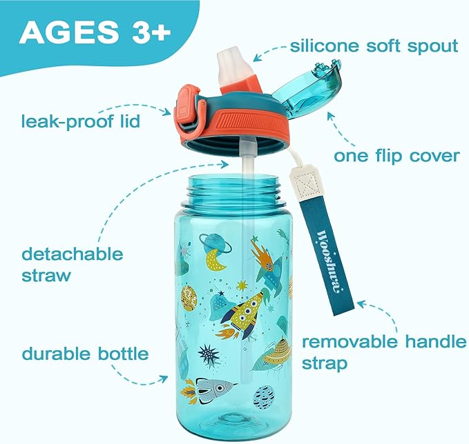 Kids Water Bottle for School or Travel, 20 Oz Durable Plastic Water Bottle with Silicone Straw and Pop-Up Spout Cover, BPA Free & Dishwasher Safe(Rocket)