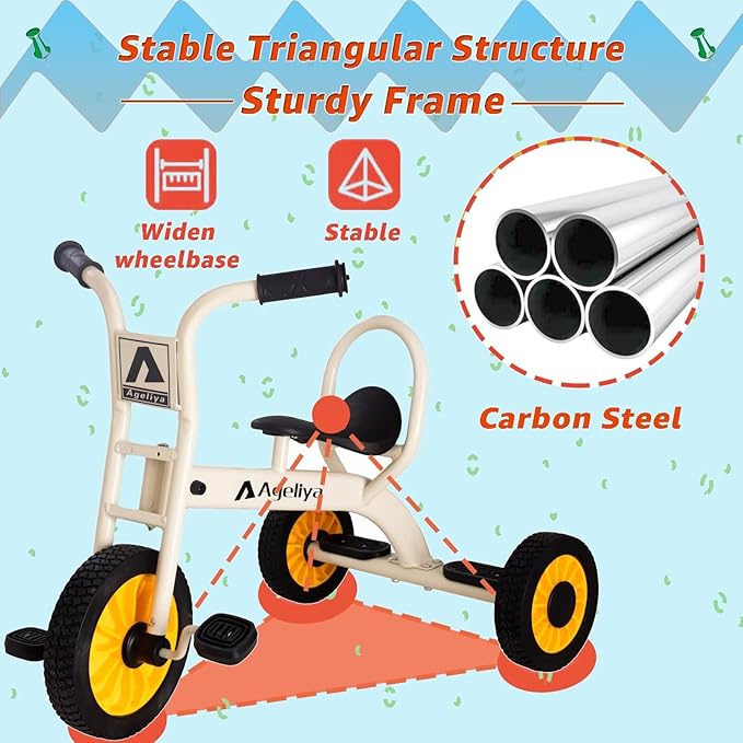 Kids Tricycle for Preschool Ages 3+, Ideal Outdoor Playground & Daycare Yard Trikes, Durable Metal Pedal Trike Gift for Boys and Girls, Sturdy Carbon Steel Frame, Inflation-Free Rubber Wheels