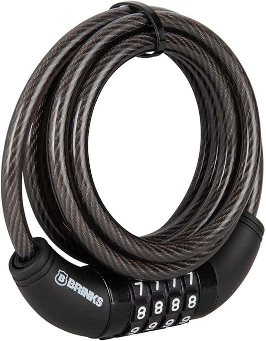 BRINKS 6 ft Outdoor Bike Lock Cable, Thick, Anti Theft Self-Coiling Design, Resettable 4-Dial Combination, Heavy-Duty Steel, 5/16" Weather-Resistant Vinyl Coating for Bikes (5/16" 1PK, 6FT)