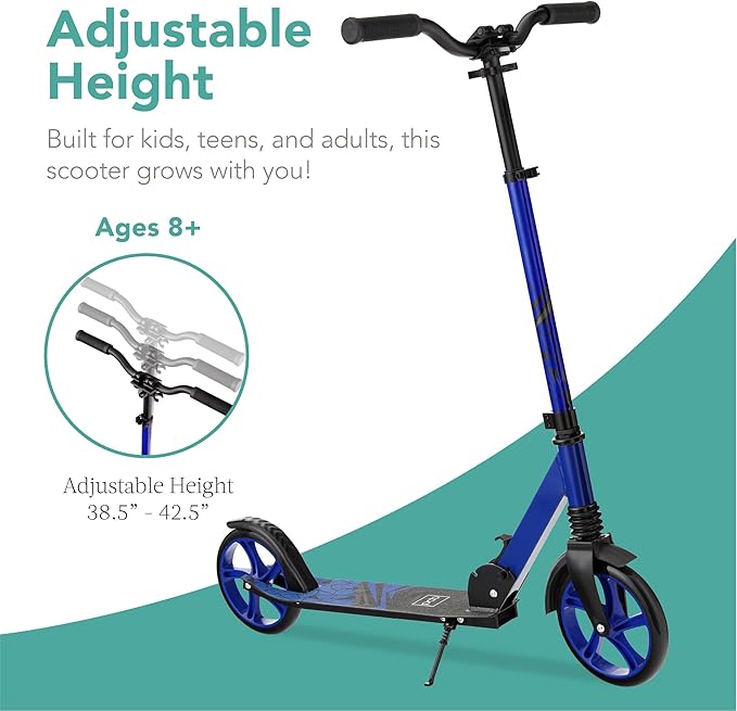 Best Choice Products Kids Height Adjustable Kick Scooter for Ages 8+, Teen, Adult, Outdoor Play w/Carrying Strap, Non-Slip Deck, Kickstand, Mud Guards, 220lb Capacity - Blue