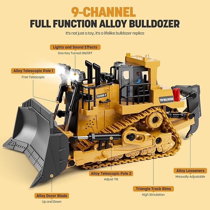 9-Channel Metal RC Bulldozer - Realistic Remote Control Kids Construction Play Toys with Lights and Sound, Track Type Tractor Toys for 3+ Boys Grandkids, Perfect 2025 Kids Birthday Gift for Ages 3-12+
