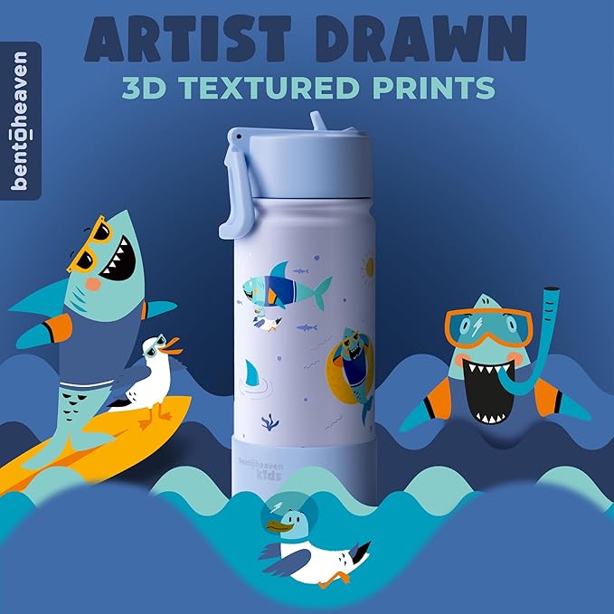 Bentoheaven Kids Water Bottle Stainless Steel for Boys & Girls, 2 Lids (Chug & Straw), Handle & Silicone Boot, Reusable Metal Leak-proof Insulated Tumbler, School & Sports 17oz (Blue)