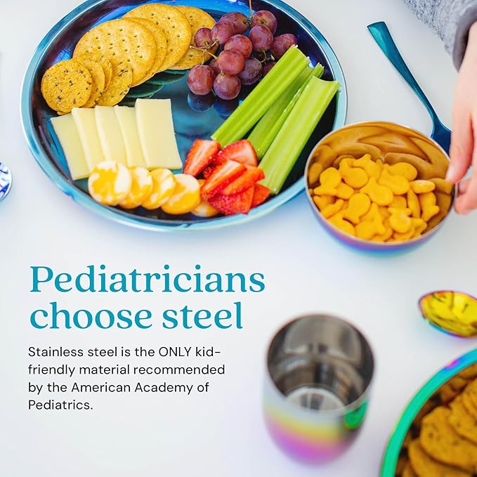 Ahimsa Stainless Steel Kids Plates, 9" Colorful Non Divided Stainless Steel Plates, Pediatrician Designed & Non Toxic, Unbreakable, Dishwasher Safe, Single Blue