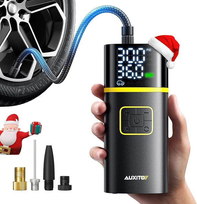 AUXITO Tire Inflator Portable Air Compressor - 150PSI Bike Pump 1Min Fast Inflate with Tire Pressure Gauge, LED Light & Car Accessories, Air Pump for Auto, Moto, Bike, Ball, Car Gifts for Men