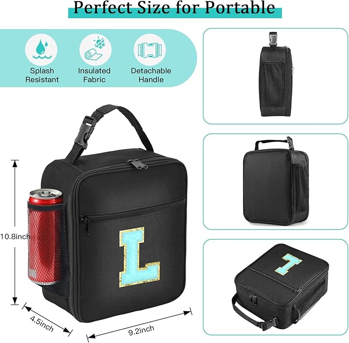 Initial Insulated Lunch Bag, Lunch Box with Initial Letter Patch for Teen Adult, Reusable Lunch Bag for Men Women, Ideal Back to School Gift Birthday Gift, Blue L