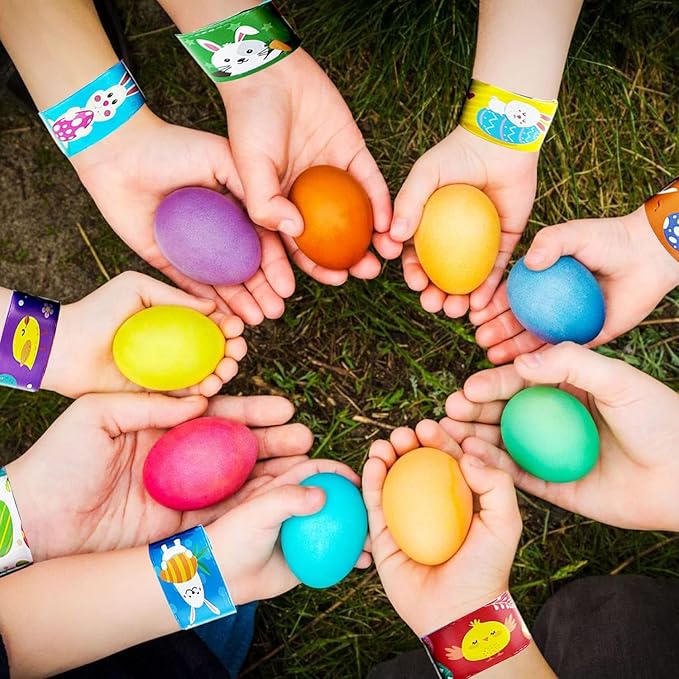 100Pcs Easter Slap Bracelets, Easter Basket Stuffers Party Favors Snap Wristbands for Kids Egg Fillers Gifts Exchange Gifts, Egg Hunt Event, Classroom Prizes, School Supplies