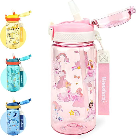 Kids Water Bottle for School or Travel, 20 Oz Durable Plastic Water Bottle with Silicone Straw and Pop-Up Spout Cover, BPA Free & Dishwasher Safe(Princess)