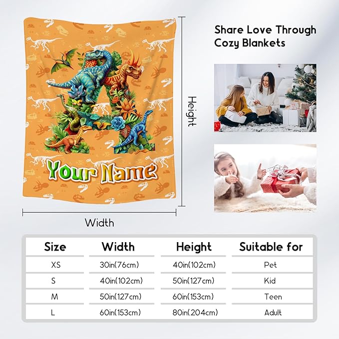 Personalized Kids Blanket, Dinosaur Blanket for Boys - Custom Throw with Initial Name, Monogram Gifts for Son & Grandson - 60"x80" Soft Plush Toddler Throws for Living Room