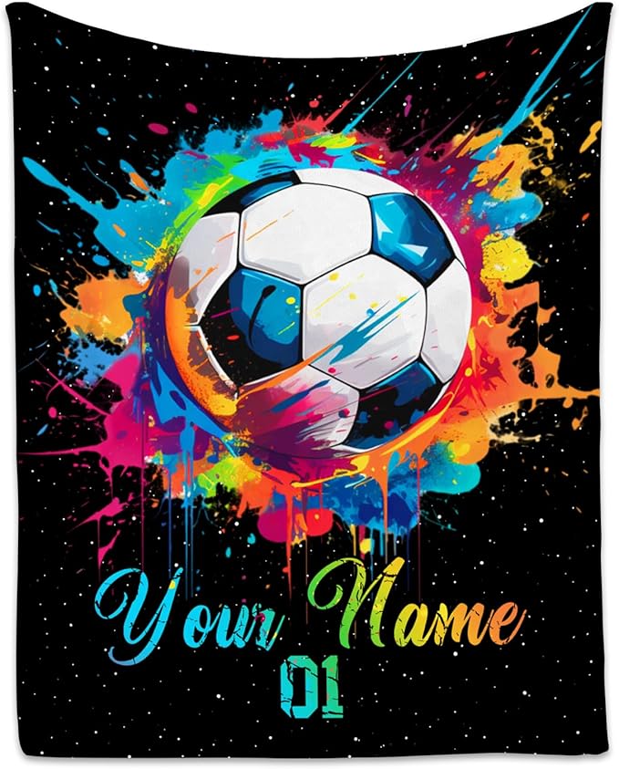 Personalized Soccer Gifts for Boys, Custom Soccer Blanket Gift for Sport Lovers, Flannel Throw Blankets for Kids Girls Teens, Sports Decorations for Room Team Player (Colorful, 50x60 Inch)