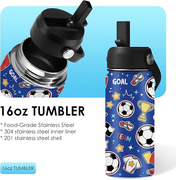 Soccer Gifts for Kids - 16 Oz Kids Water Bottle with Straw Lid, Stainless Steel Insulated Tumbler, Leak Proof, BPA-Free, for Girls, School, Travel - Soccer Lovers Children Birthday Gifts Cups(1pc)