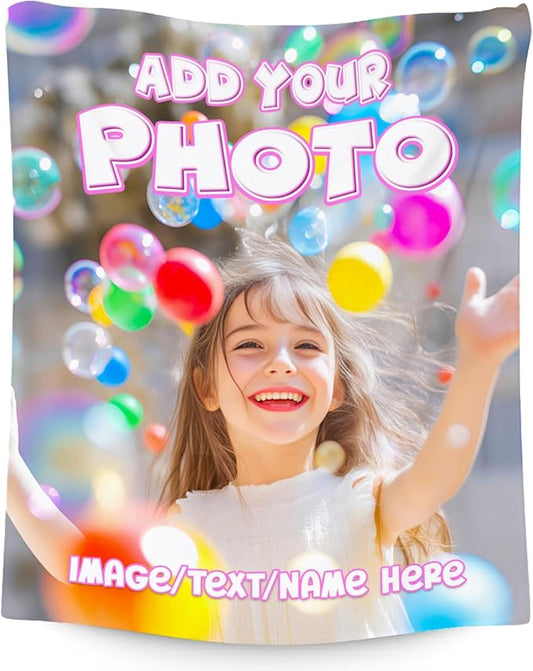 Personalized Throw Blankets, Custom Picture Blankets for Girls Kids, Customized Photo Blanket with Text Name, 50"x60" Soft Flannel Throw for Child Teens Women