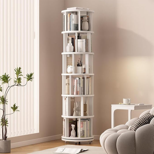 Solid Wood Rotating Bookshelf on Wheels, 6 Tier, Round Revolving Bookcase, 360° Spinning Book Shelf Tower for Kids, Narrow Rolling Bookshelves for Small Space, Corner, Bedroom, Office, White