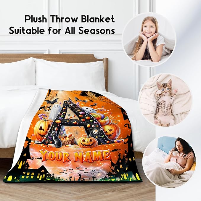 Halloween Blanket - Personalized Kids Blanket for Boys - Custom Gifts with Initial Name, Monogram Gifts for Son & Grandson - 30"x40" Soft Plush Toddler Throws for Party