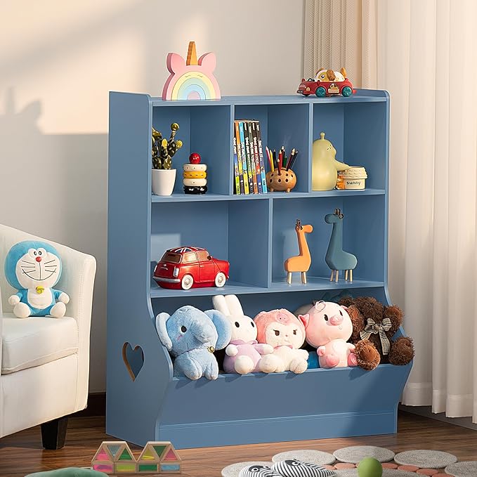 Lerliuo Kids Storage Organizer, 3 Tier Children Bookcase and Bookshelf, Toddler 6 Cubby Cabinet, Wood Book Shelf for Playroom, Bedroom, Living Room, Nursery, School 39.17'' H(Blue)